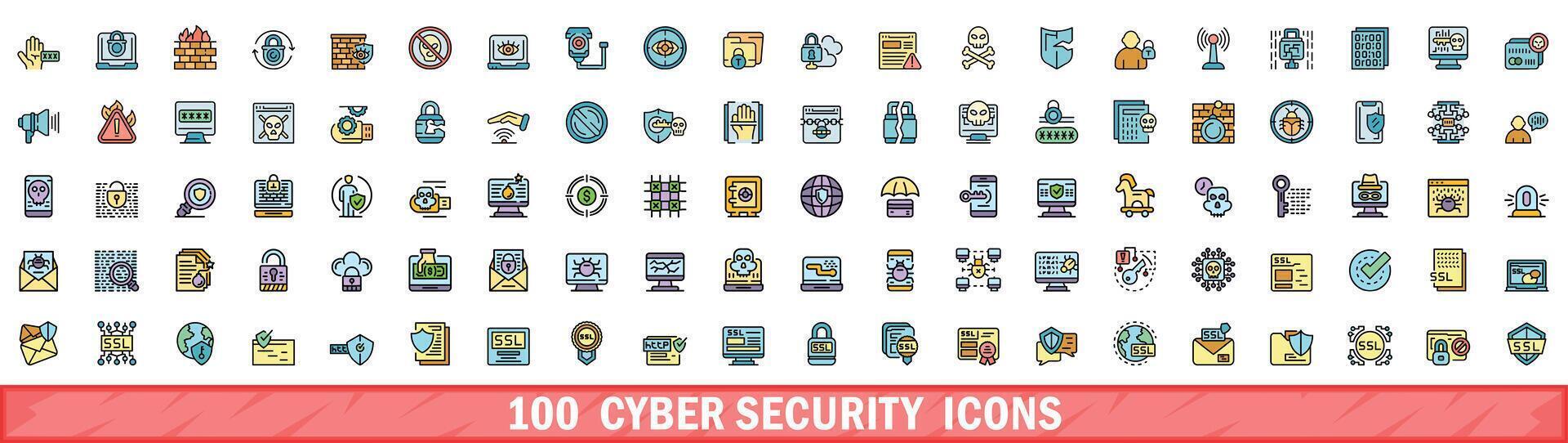 100 cyber segurança ícones definir, cor linha estilo vetor