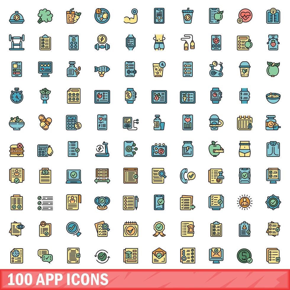 100 aplicativo ícones definir, cor linha estilo vetor