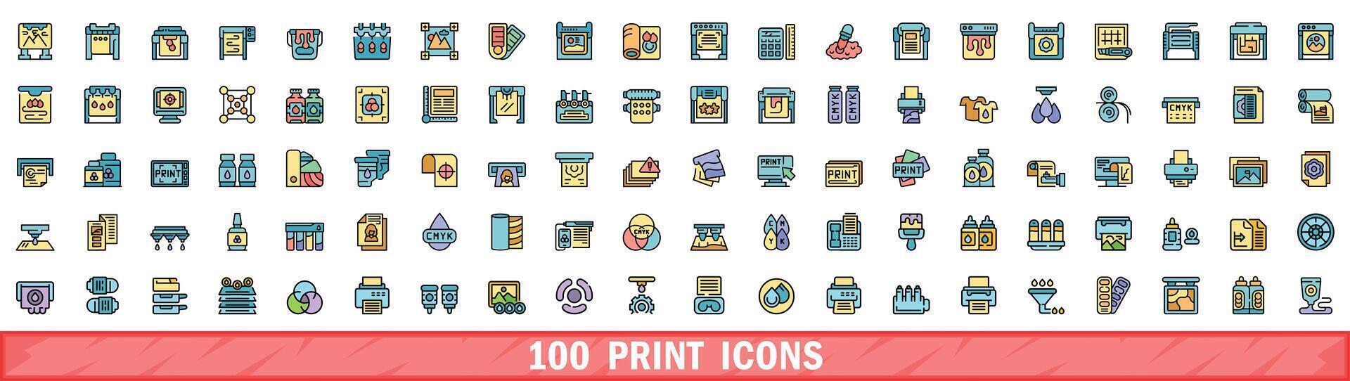 100 impressão ícones definir, cor linha estilo vetor