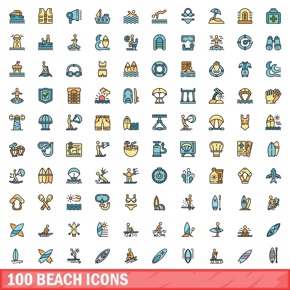 100 de praia ícones definir, cor linha estilo vetor