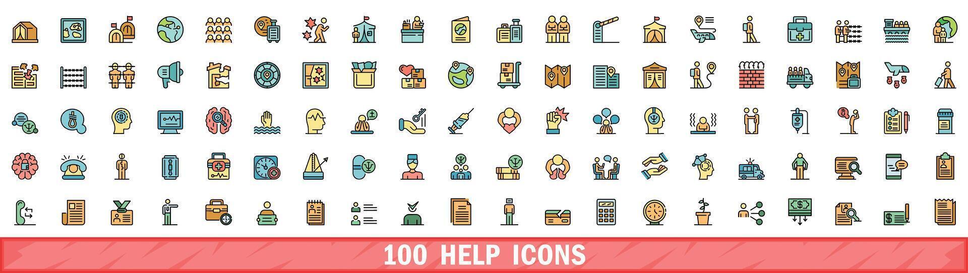 100 Socorro ícones definir, cor linha estilo vetor