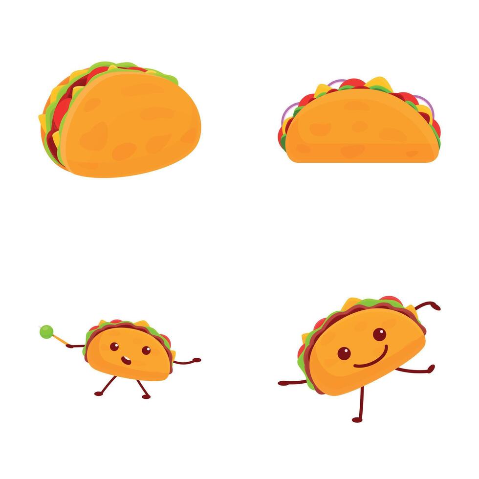 taco ícones conjunto desenho animado vetor. fofa desenho animado velozes Comida tacos personagem vetor