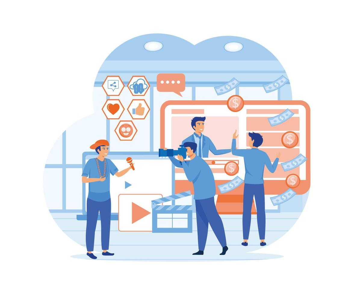 vídeo conteúdo O Criador equipe trabalhando e faço dinheiro com Internet conectados meios de comunicação conceito. plano vetor moderno ilustração