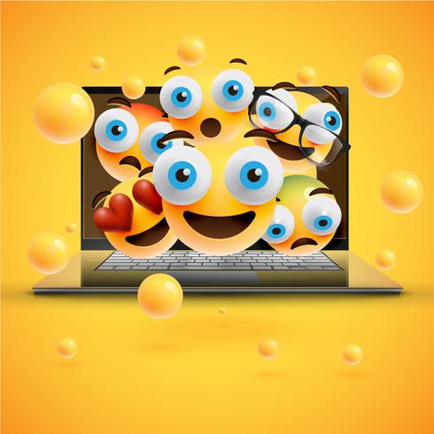 Emoticons amarelos realistas na frente de um notebook, ilustração vetorial vetor