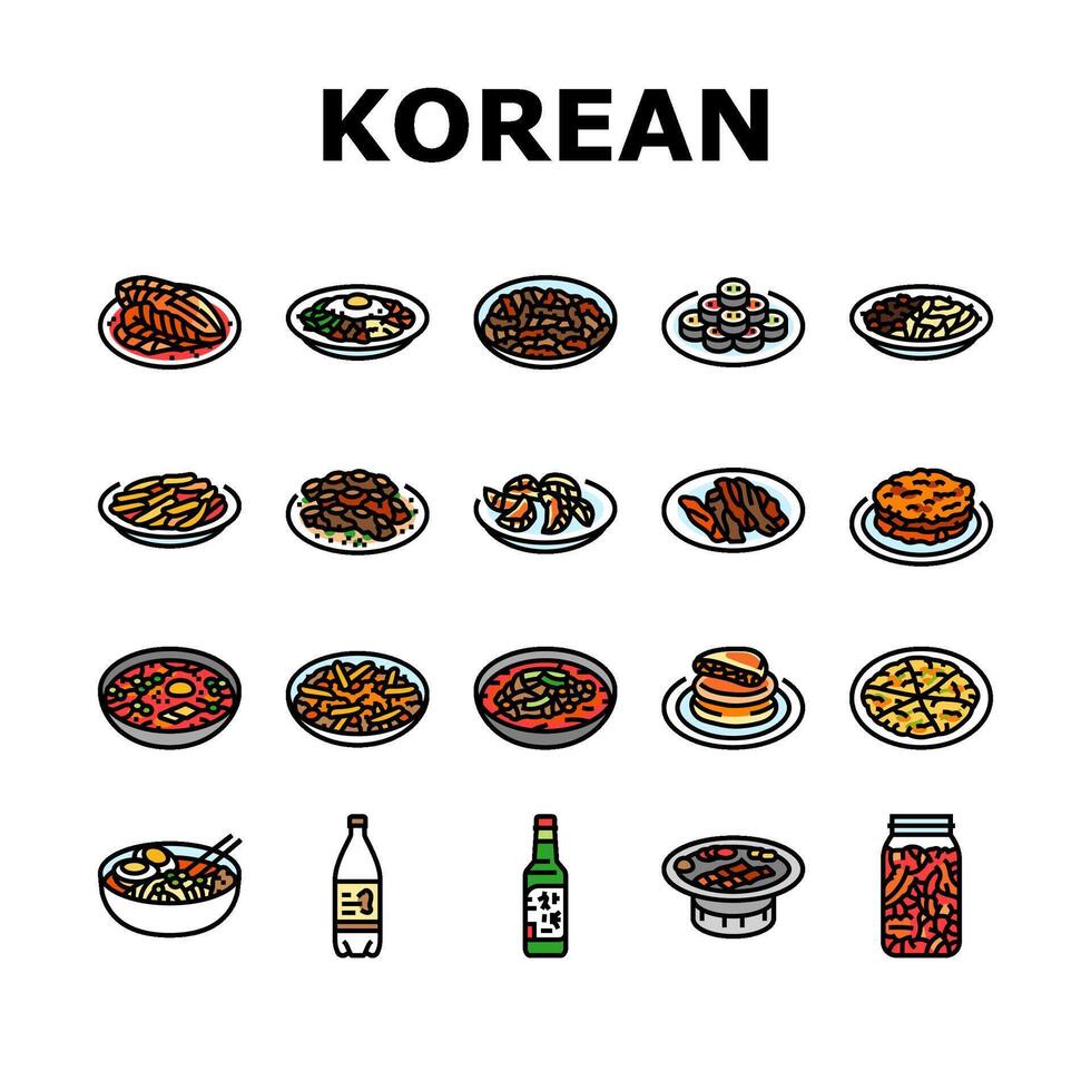 coreano cozinha Comida ásia ícones conjunto vetor