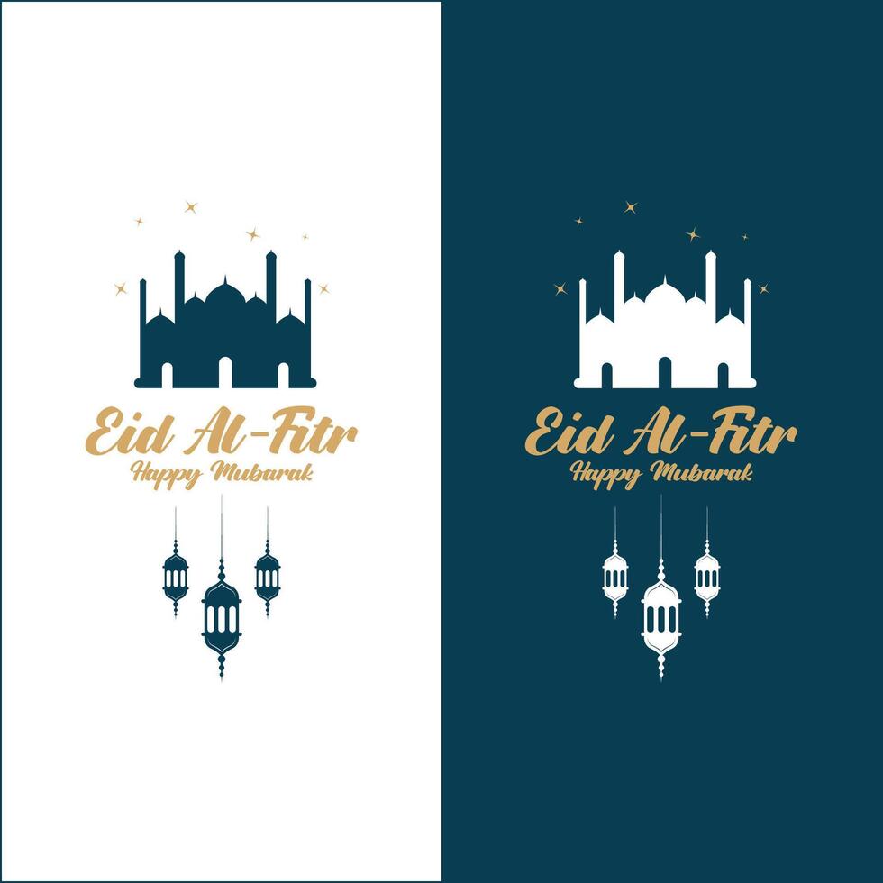 eid al fitr Mubarak logotipo Projeto com a conceito do lanternas e mesquitas. logotipo para saudações, amizade, muçulmanos e celebração vetor