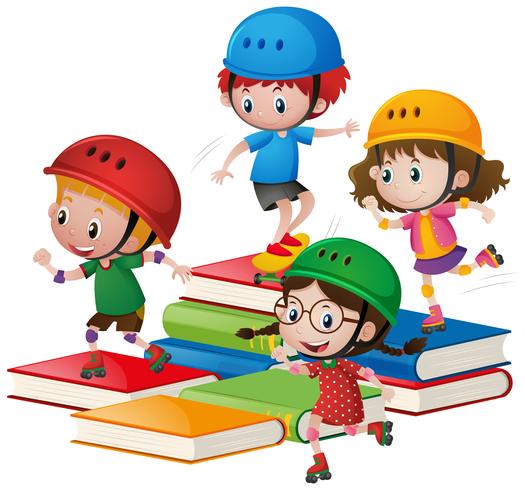 Crianças rollerskate em grandes livros vetor