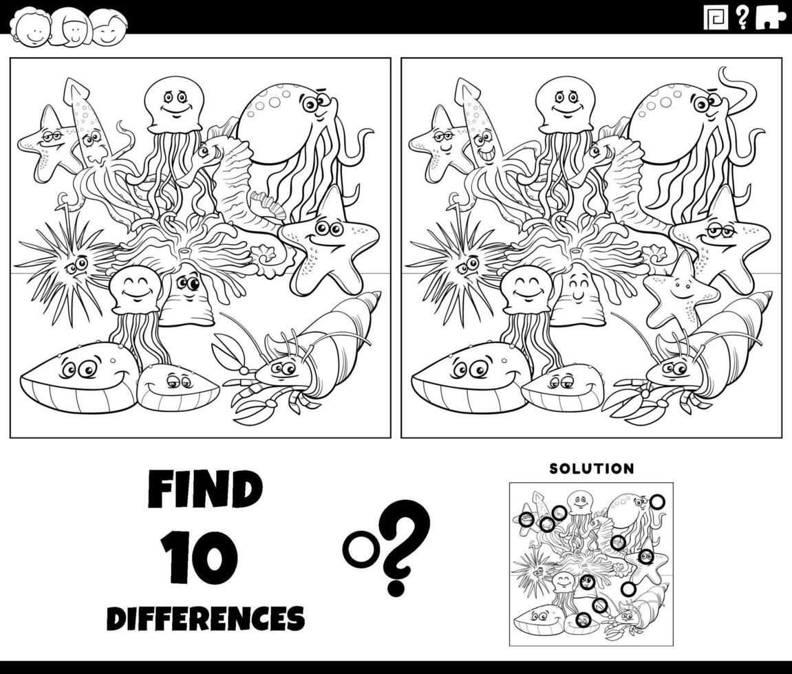 diferenças atividade com desenho animado marinho animais coloração página vetor