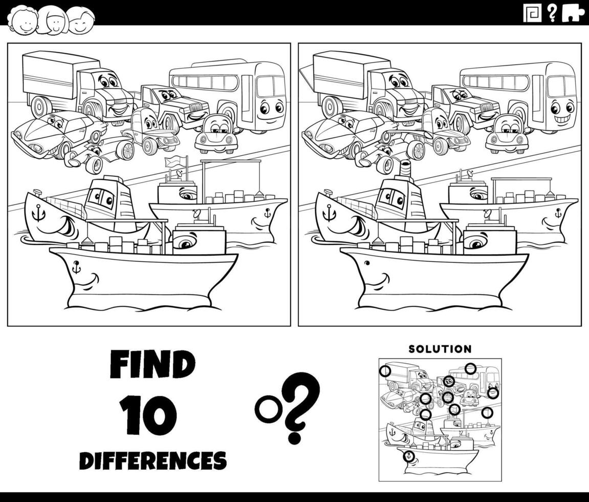diferenças atividade com desenho animado transporte personagens coloração página vetor