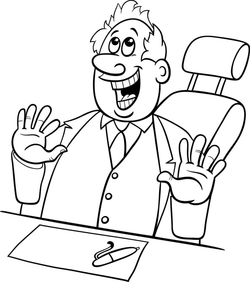 feliz desenho animado patrão ou homem de negocios atrás a escrivaninha coloração página vetor