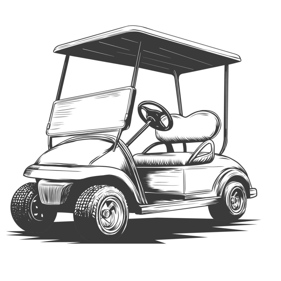 gravação do golfe carrinho. vetor ilustração para cartazes, decoração e imprimir. mão desenhado esboço do máquina para golfe. detalhado vintage gravura estilo desenho.