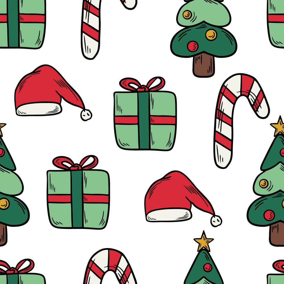 Natal rabisco mão desenhado esboço colorida desatado padronizar com presente caixa, santa chapéu, doce e Natal árvore vetor