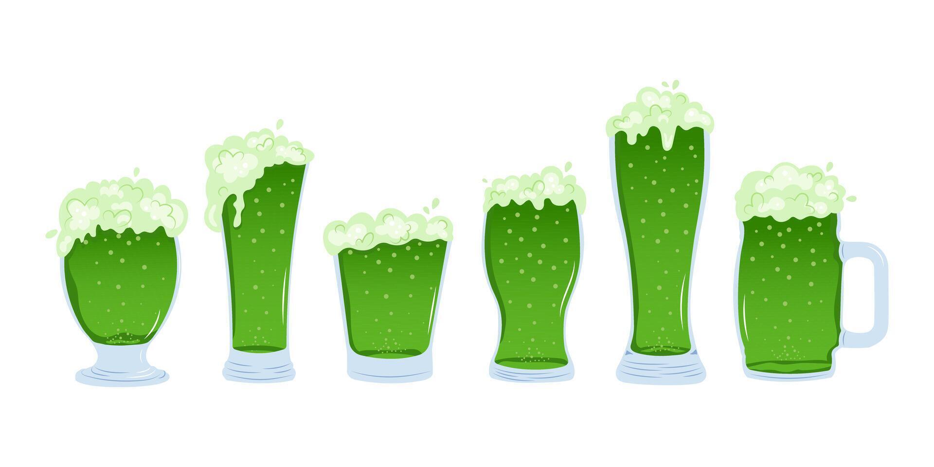 verde Cerveja ou verde cerveja dentro óculos do diferente tipos. vetor desenho animado Cerveja dentro copos e canecas isolado em branco fundo. st. patrick's dia bebidas.