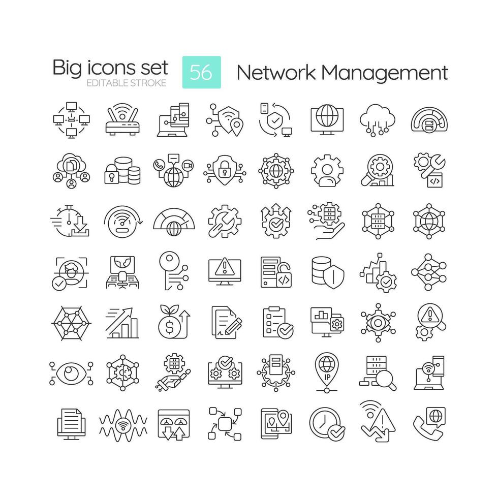 rede gestão linear ícones definir. sistema arquitetura, digital administração. desempenho monitoramento. Customizável fino linha símbolos. isolado vetor esboço ilustrações. editável acidente vascular encefálico