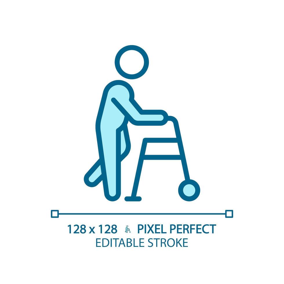 andador assistência luz azul ícone. trauma Cuidado. fisioterapia tratamento. especial precisa. mobilidade AIDS. rgb cor placa. simples Projeto. rede símbolo. contorno linha. plano ilustração. isolado objeto vetor