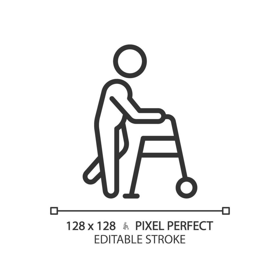 andador assistência linear ícone. trauma Cuidado. fisioterapia tratamento. médico doença, especial precisa. mobilidade AIDS. fino linha ilustração. contorno símbolo. vetor esboço desenho. editável acidente vascular encefálico