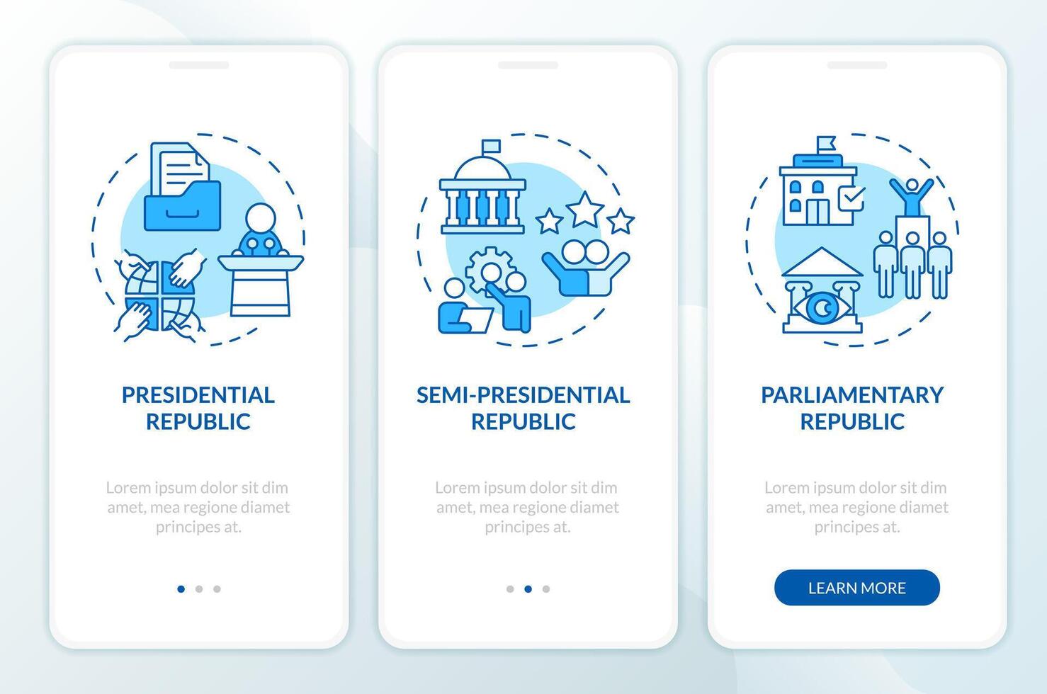 político estrutura azul onboarding Móvel aplicativo tela. passo a passo 3 passos editável gráfico instruções com linear conceitos. interface do usuário, ux, gui modelo vetor