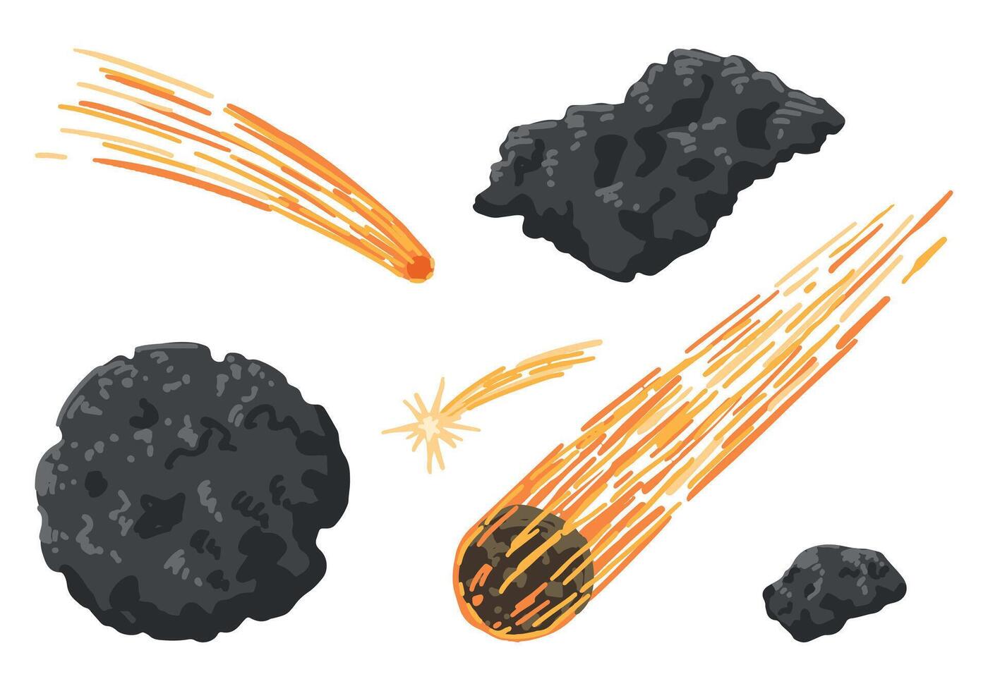 cósmico espaço rabiscos definir. desenho animado desenhos do meteoro, cometas, asteróides. astronomia Ciência colori clipart. mão desenhado vetor ilustração isolado em branco.