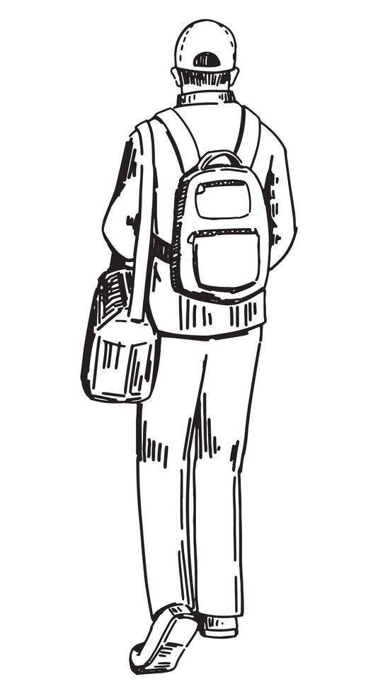 viajante esboço, turista clipart. rabisco do homem caminhando com uma bolsa, mochila. mão desenhado vetor ilustração dentro gravação estilo.