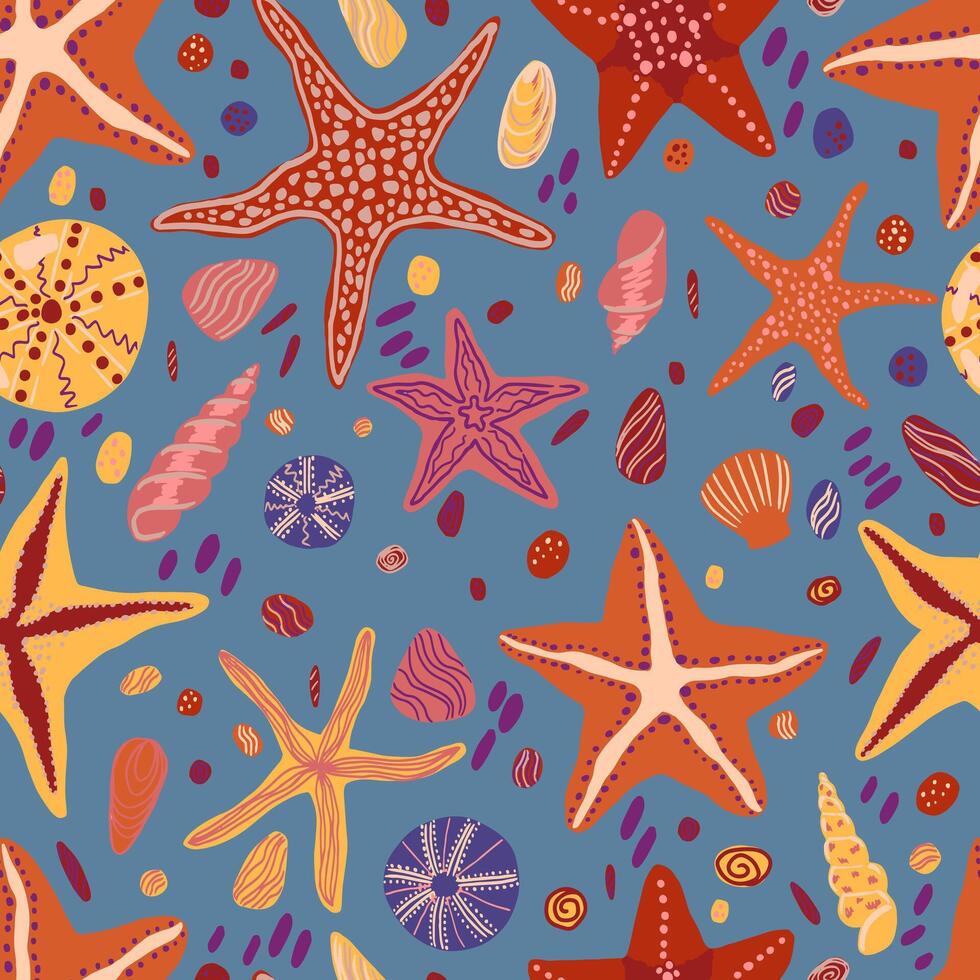 estrelas do mar, cartuchos e pedras plano mão desenhado vetor desatado padronizar. colorida papel de parede dentro escandinavo estilo. verão mar fundo. abstrato Projeto para impressões, enrolar, têxtil, tecido, decoração, cartões.