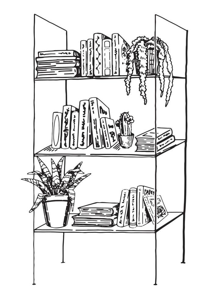 esboço desenhando do casa estante. estante com livros e planta de casa. mão desenhado vetor ilustração. gravação retro estilo clipart isolado em branco fundo.