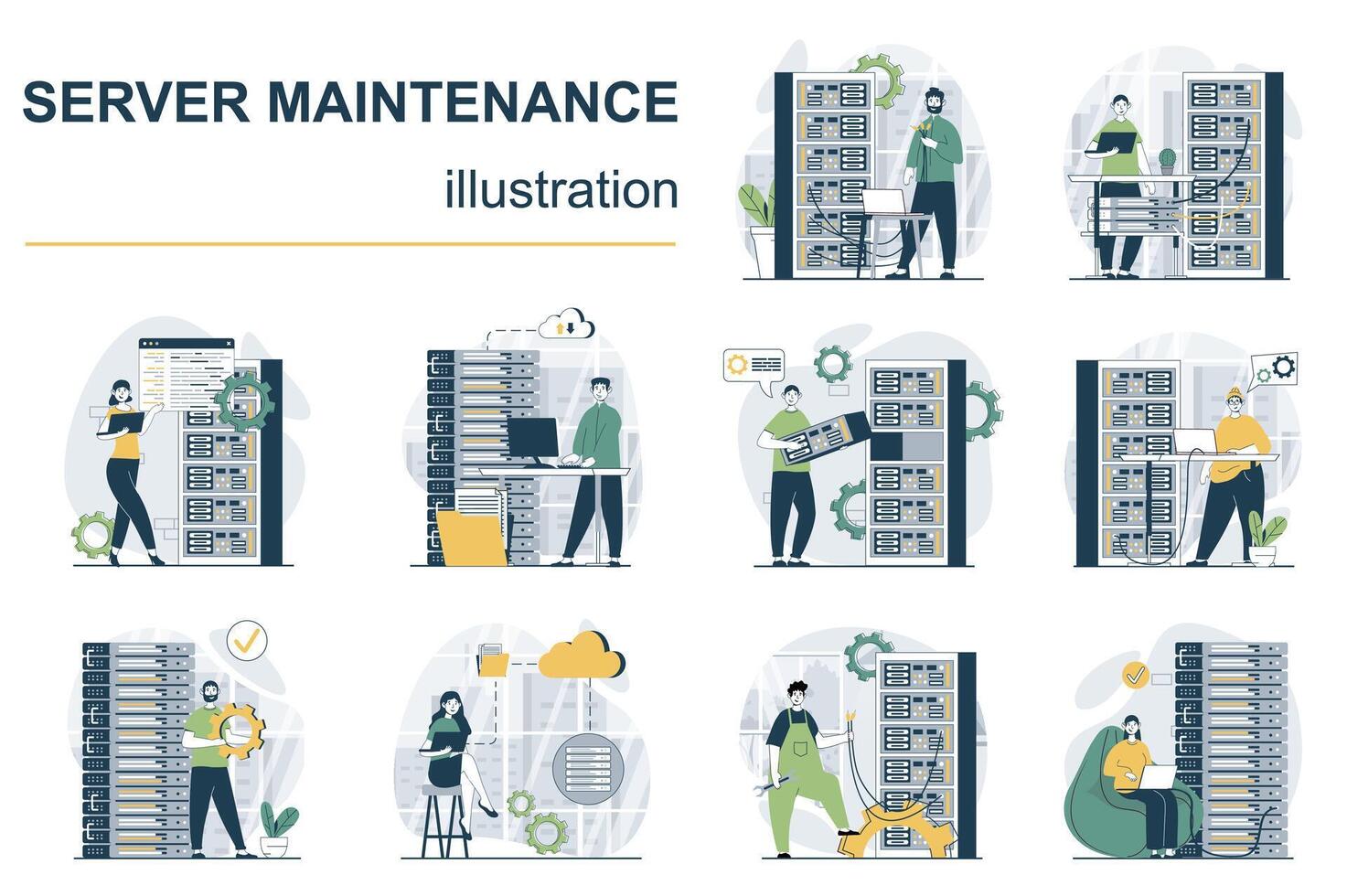 servidor manutenção conceito com personagem situações mega definir. agrupar do cenas pessoas trabalhando com servidor prateleiras e computadores, reparação e fixação conexão. vetor ilustrações dentro plano rede Projeto