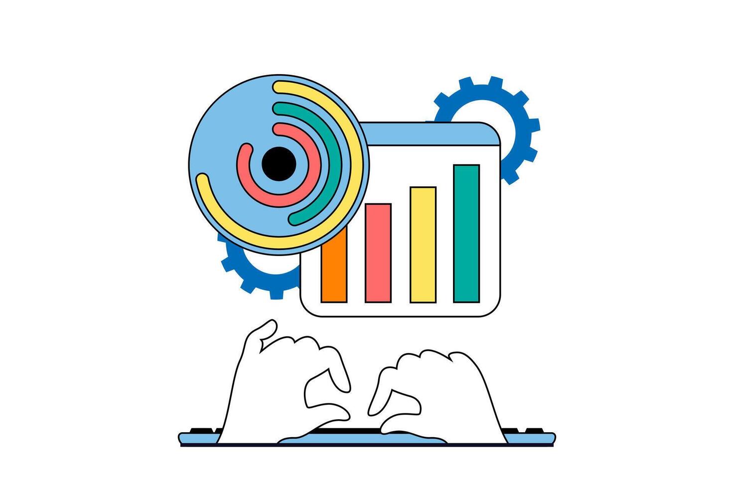 dados análise conceito com pessoas cena dentro plano rede Projeto. contabilidade e calculando dados, pesquisando gráficos para financeiro auditoria. vetor ilustração para social meios de comunicação bandeira, marketing material.