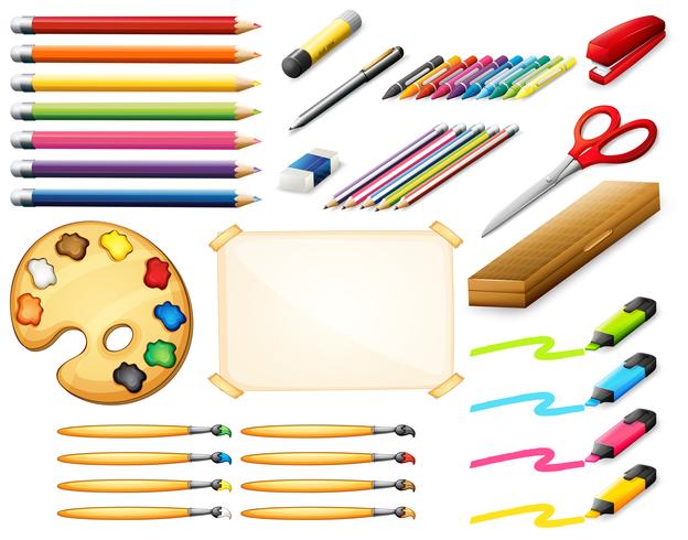 Conjunto estacionário com lápis de cor e objetos de arte vetor
