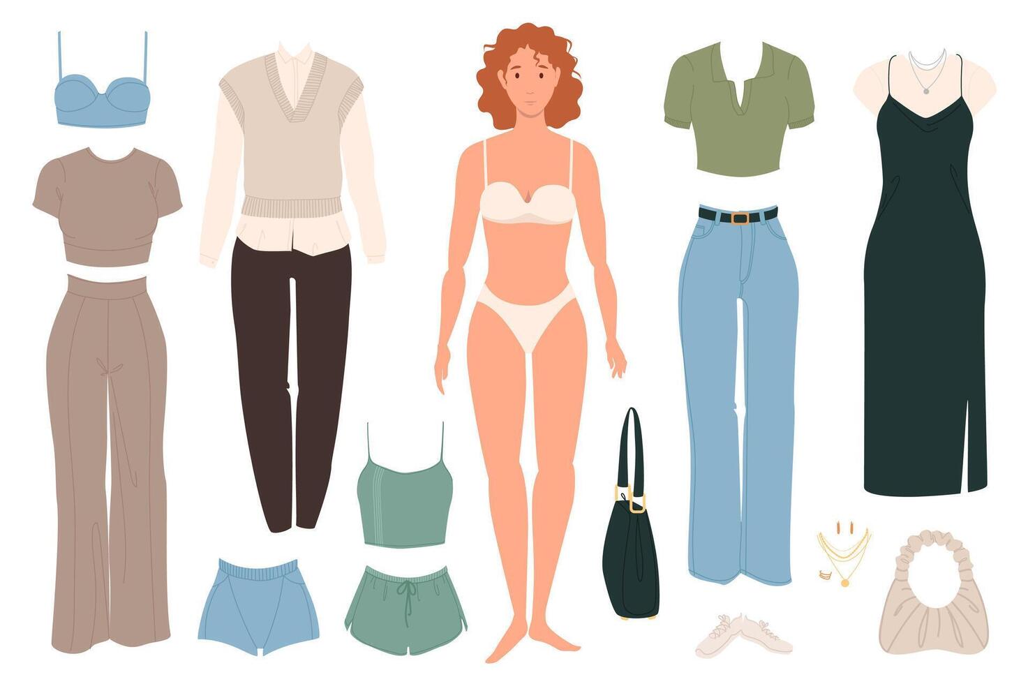 jovem menina com moda roupas objetos mega conjunto dentro gráfico plano Projeto. agrupar elementos do mulher com vestir acima do fêmea vestuário, moderno sapato, casual roupas. vetor ilustração isolado adesivos