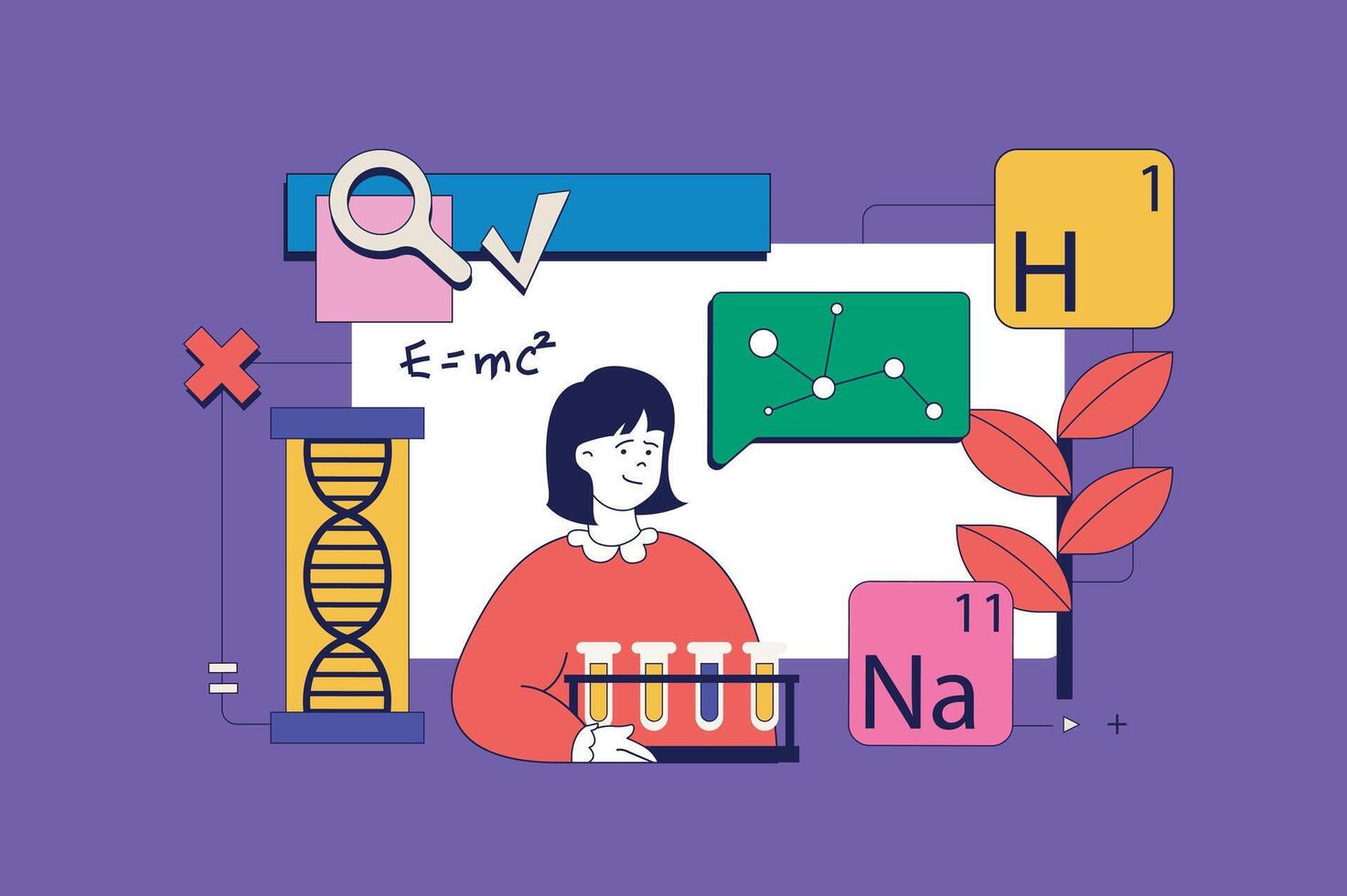 Ciência laboratório conceito dentro plano neo brutalismo Projeto para rede. cientista faz químico pesquisa com frasco tubo, faz laboratório pesquisar. vetor ilustração para social meios de comunicação bandeira, marketing material.