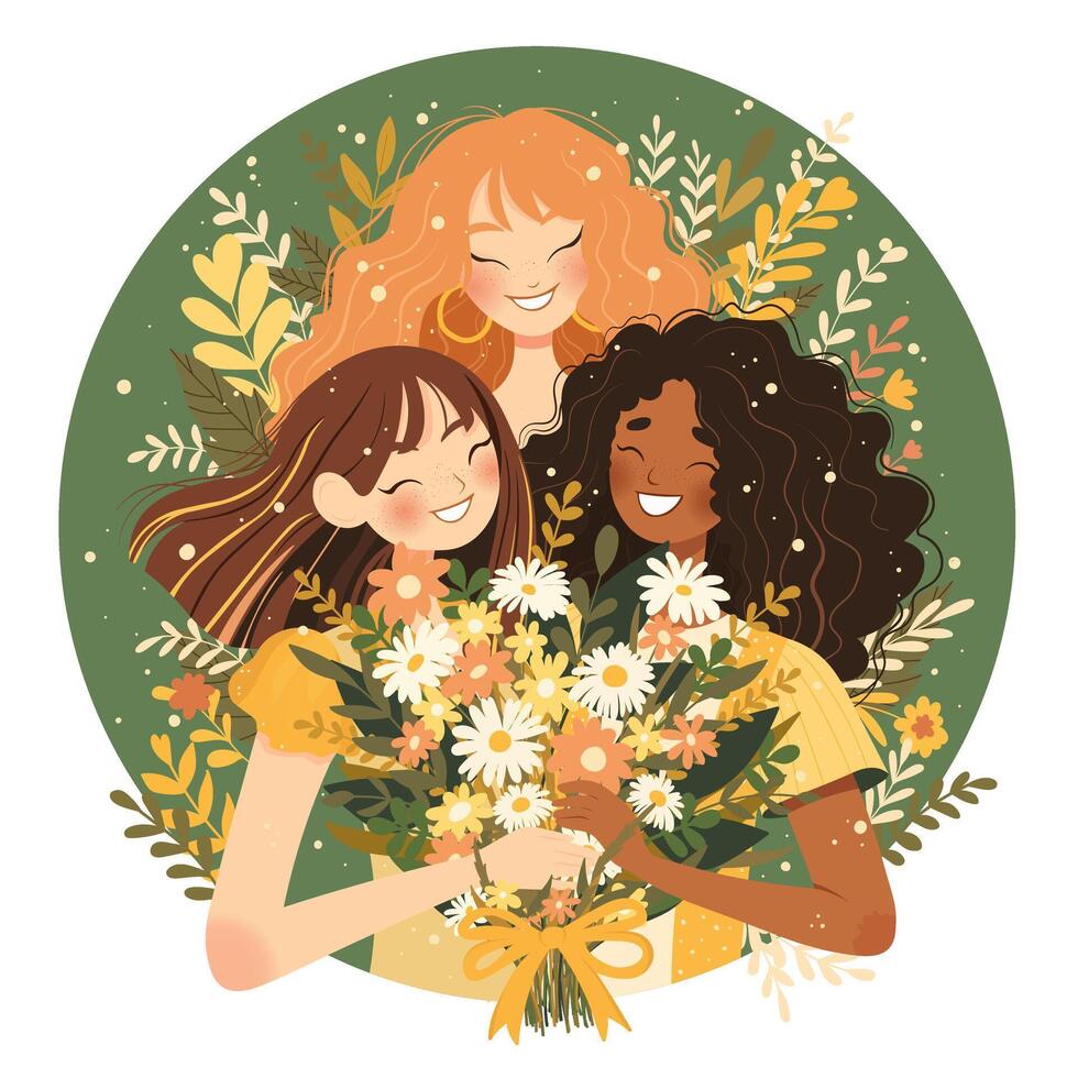 três fofa meninas amigos com uma enorme ramalhete do flores feriado cartão dentro plano vetor estilo.