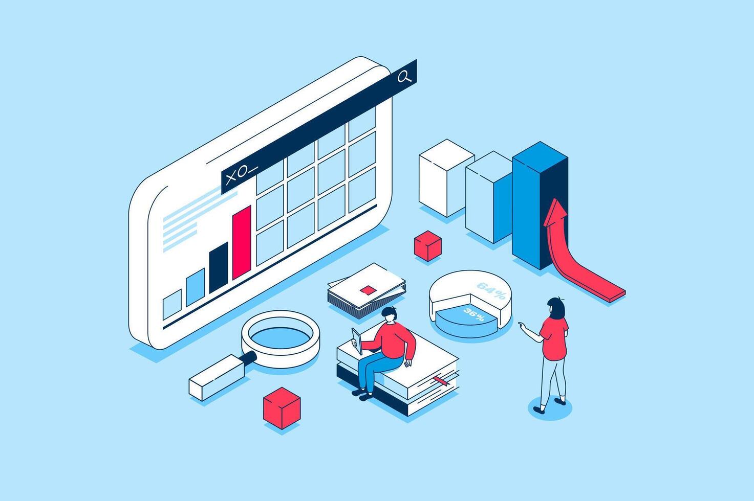 dados análise conceito dentro 3d isométrico Projeto. pessoas analisando gráficos em painel de controle e o negócio relatórios, trabalhando com financeiro Informação. vetor ilustração com isometria cena para rede gráfico