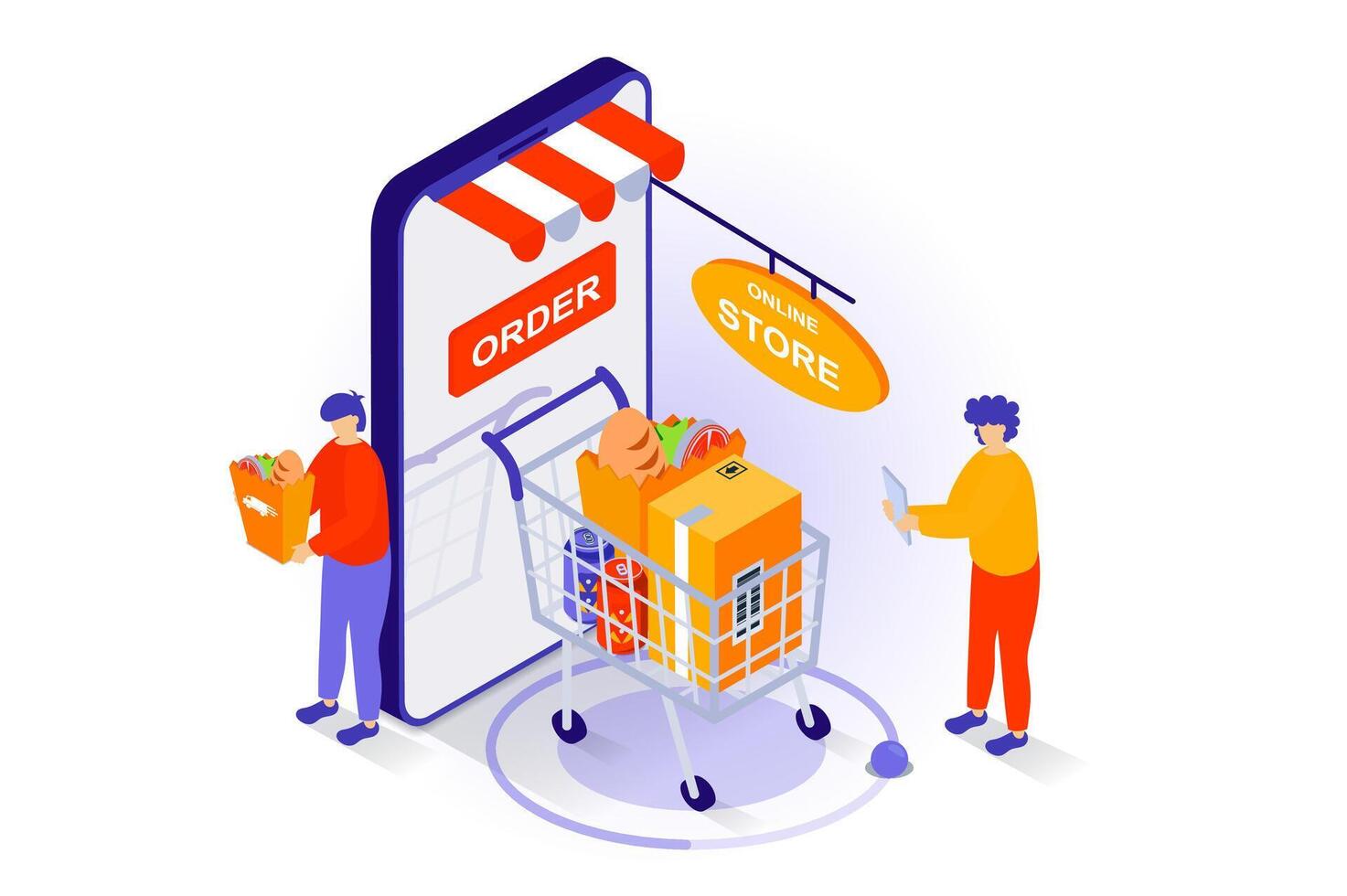 conectados compras conceito dentro 3d isométrico Projeto. pessoas encomenda Comida dentro supermercado carrinho e Entrega para casa usando Móvel telefone aplicativo. vetor ilustração com isometria cena para rede gráfico