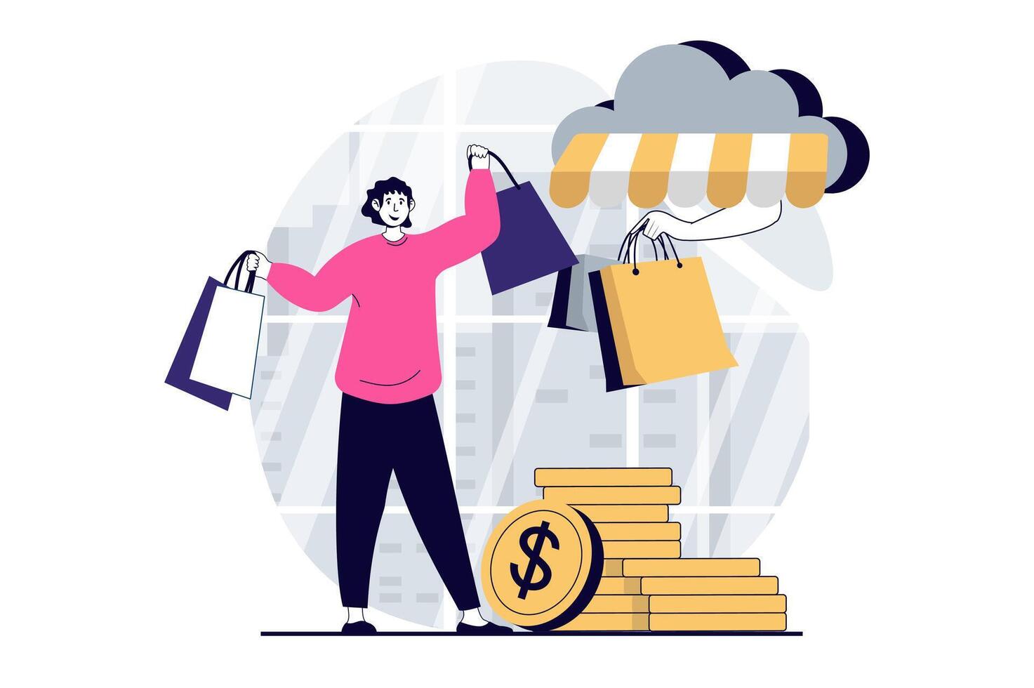 Móvel comércio conceito com pessoas cena dentro plano Projeto para rede. mulher com compras bolsas fazer conectados ordens e comprando bens. vetor ilustração para social meios de comunicação bandeira, marketing material.