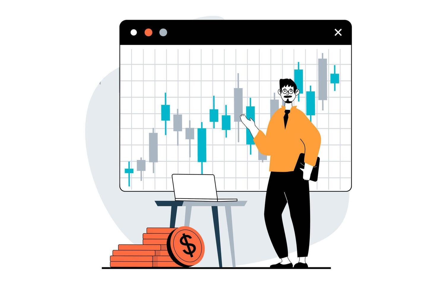 estoque mercado conceito com pessoas cena dentro plano Projeto para rede. homem fazer financeiro investe e obtendo lucro crescimento tendência em gráfico. vetor ilustração para social meios de comunicação bandeira, marketing material.