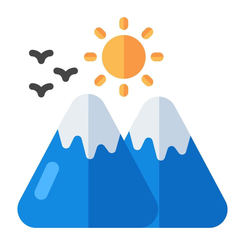 uma único Projeto ícone do montanhas com Sol exibindo colinas clima vetor