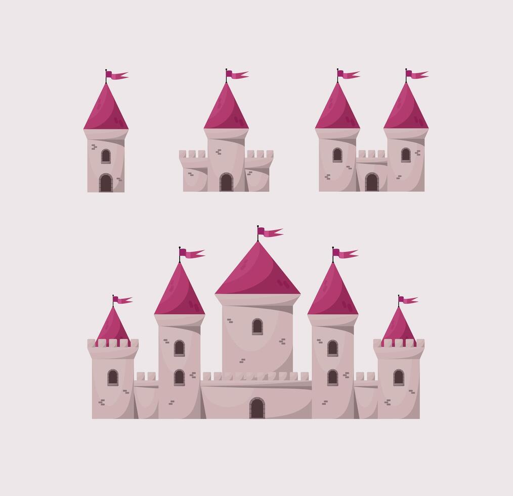Rosa Princesa medieval vetor castelos ícone definir. desenho animado fada conto castelo.