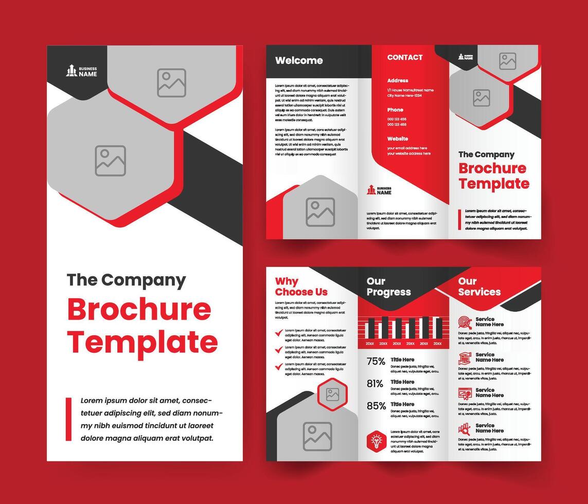 o negócio Visão geral triplo a4 folheto modelo. vermelho sotaque folheto marketing Projeto para empresa. vetor