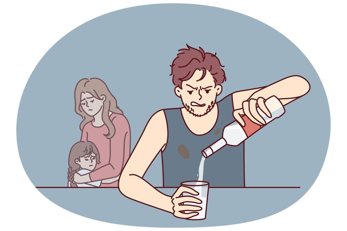 bebendo pai sentado às mesa, derrama vodka para dentro vidro, ignorando chateado esposa e pequeno filha vetor