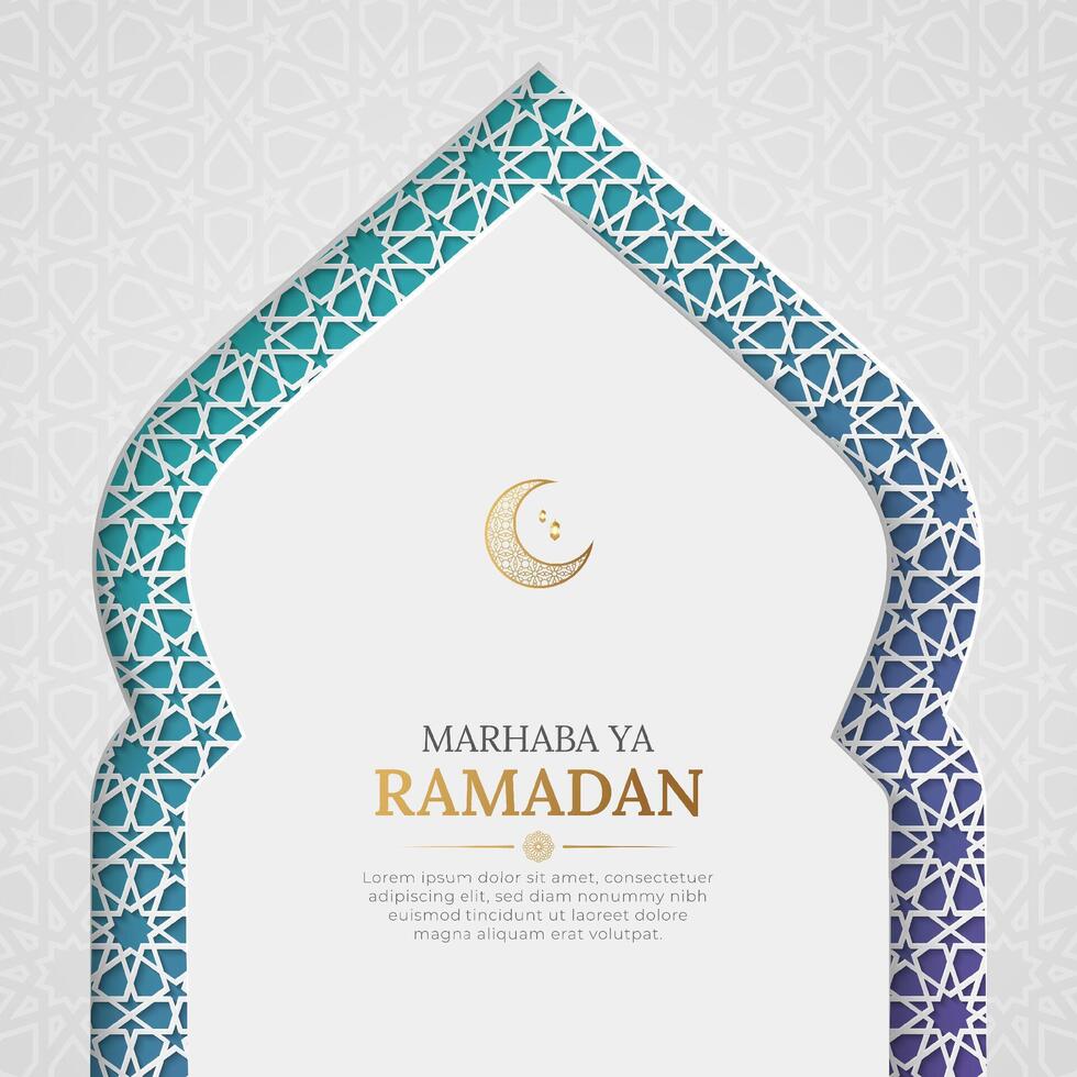 marhaba sim Ramadã kareem cumprimento cartão com decorativo islâmico arco e árabe estilo padronizar vetor