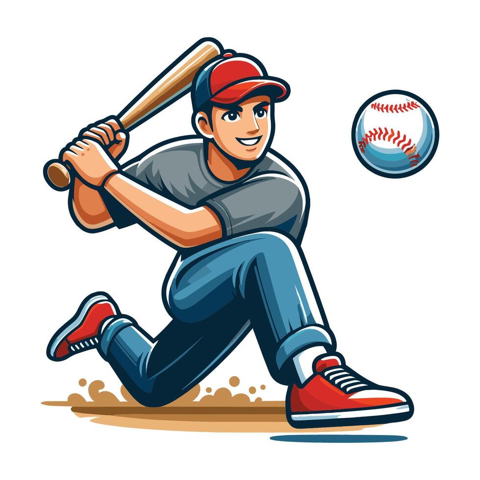 ai gerado beisebol softbol jogador dentro açao vetor ilustração, rebatedor oscilante com bastão Projeto modelo isolado em branco fundo