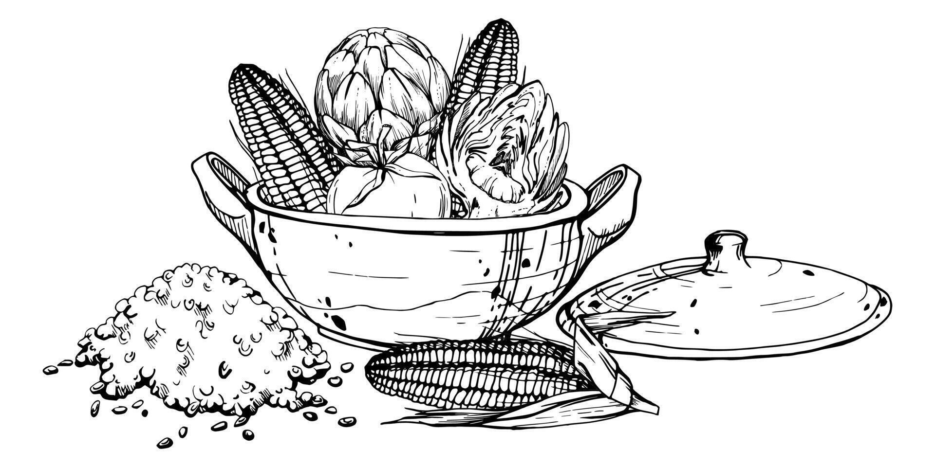 mão desenhado tinta vetor ilustração, cozinhando Panela cerâmica vegetal ensopado milho milho Quinoa, sul americano cozinha composição isolado em branco fundo. Projeto viagem, férias, folheto, impressão
