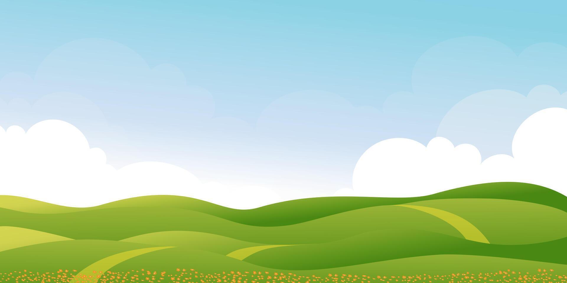 paisagem de campos verdes de primavera com fundo de montanha, céu azul e nuvens, panorama natureza rural pacífica na primavera com terra de grama verde. ilustração vetorial de desenho animado para banner de primavera e verão vetor