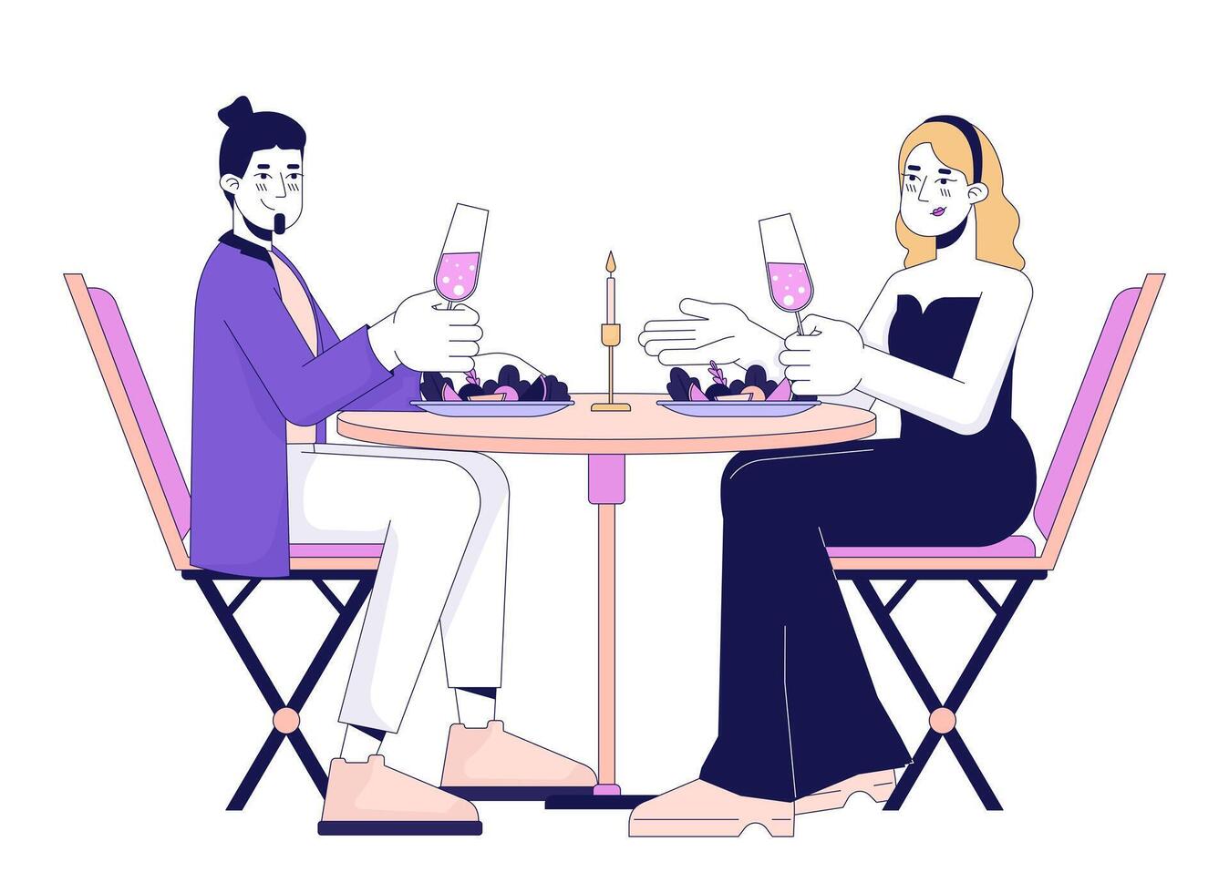 heterossexual casal em romântico encontro linear desenho animado personagens vetor