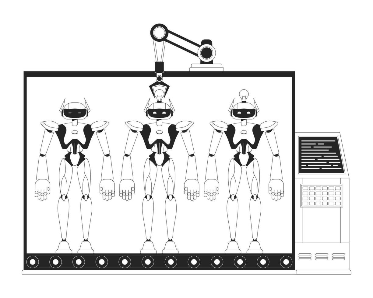 fabricação robôs monocromático linha desenho animado personagens vetor