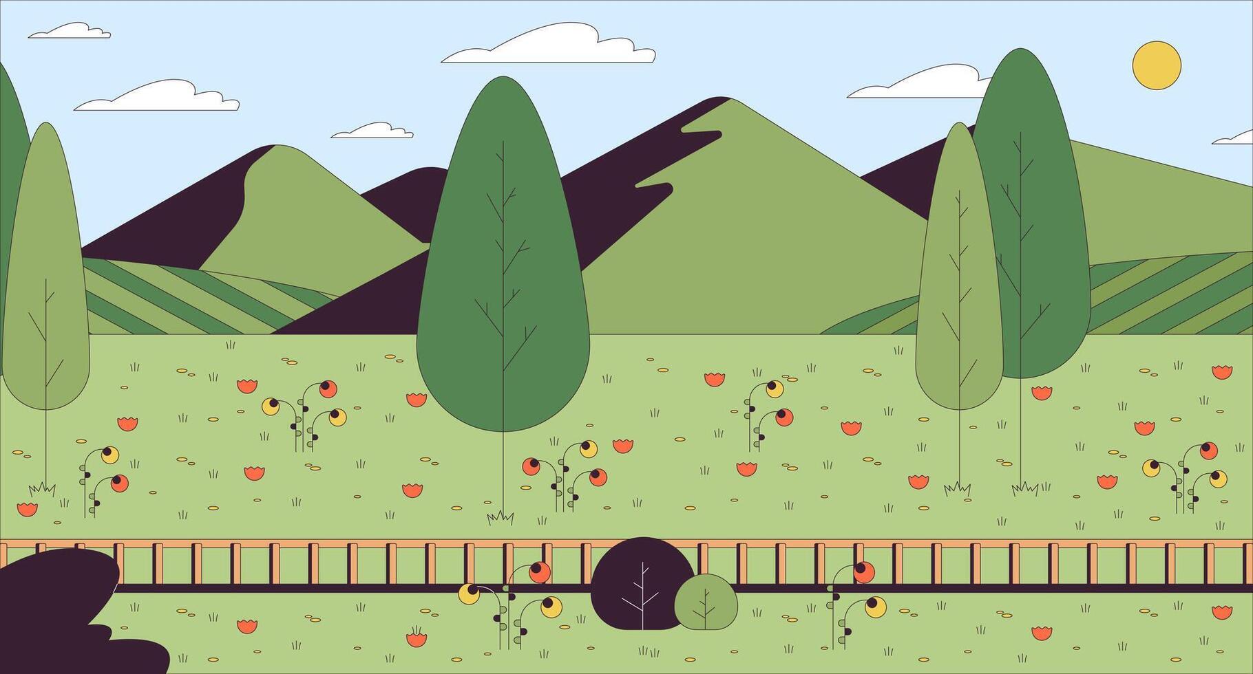 Ferrovia Colina desenho animado plano ilustração. estrada de ferro encosta 2d linha cenário colorida fundo. campo trilho linha. verão ao ar livre. ensolarado dia Relva montanhas cena vetor narrativa imagem