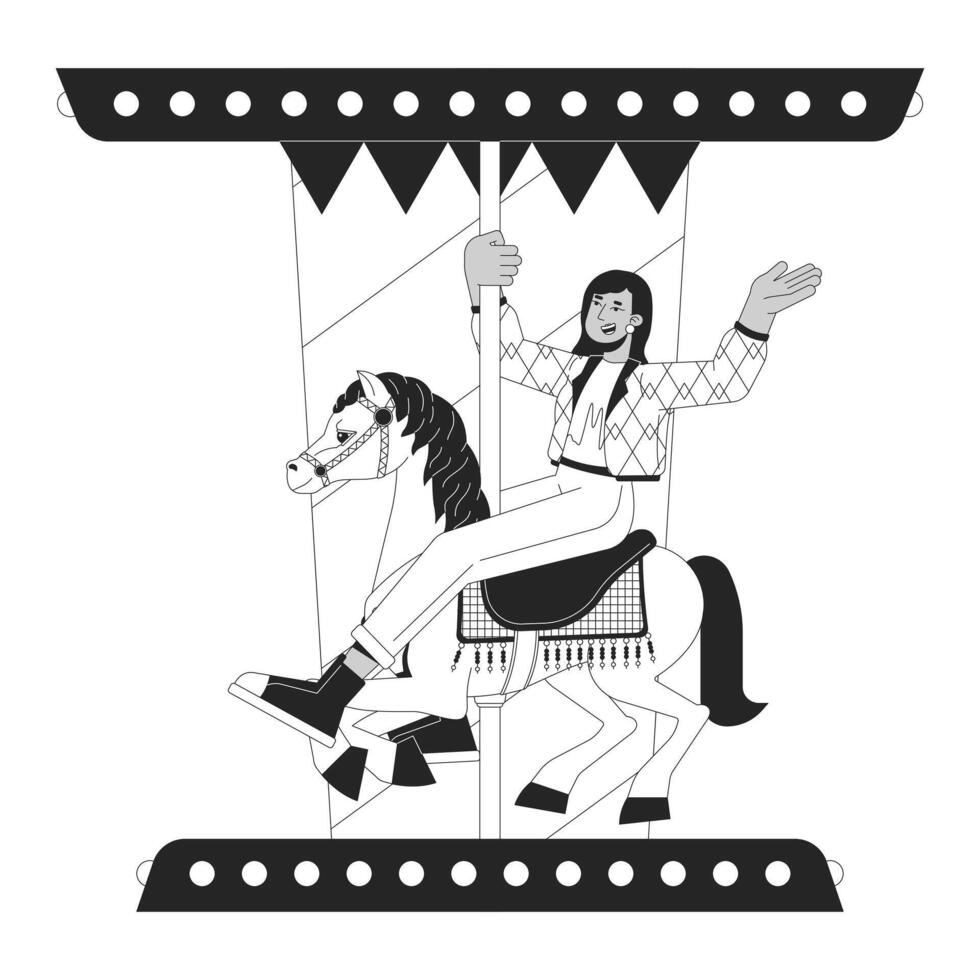 indiano jovem adulto mulher equitação cavalo carrossel Preto e branco 2d linha desenho animado personagem. rotunda Diversão ásia menina isolado vetor esboço pessoa. atração monocromático plano local ilustração