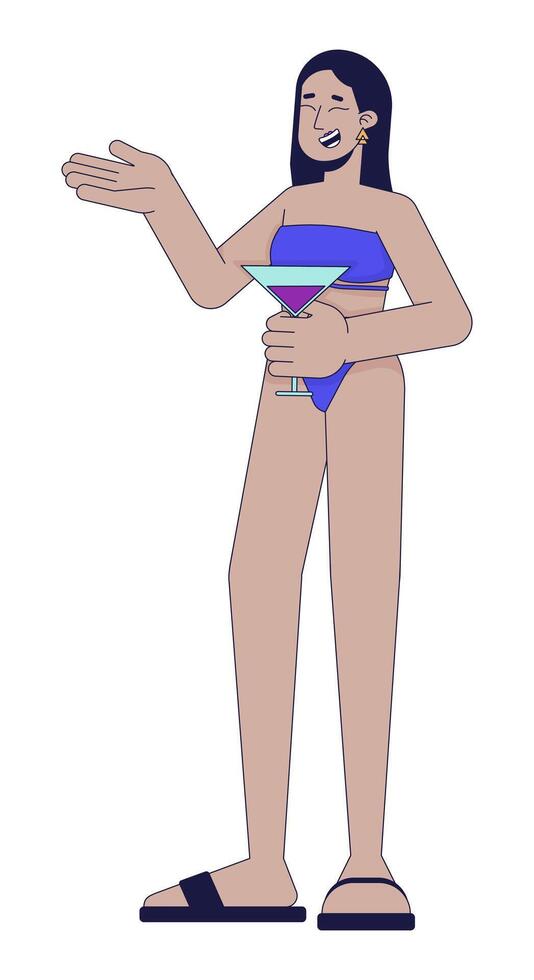 rindo mulher às de praia coquetel festa 2d linear desenho animado personagem. árabe fêmea dentro roupa de banho isolado linha vetor pessoa branco fundo. à beira da piscina salão Barra cor plano local ilustração