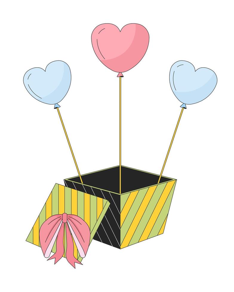 coração em forma balões Fora do caixa de presente 2d linear desenho animado objeto. presente caixa balões isolado linha vetor elemento branco fundo. aniversário parabéns. Eu amor você celebração cor plano local ilustração