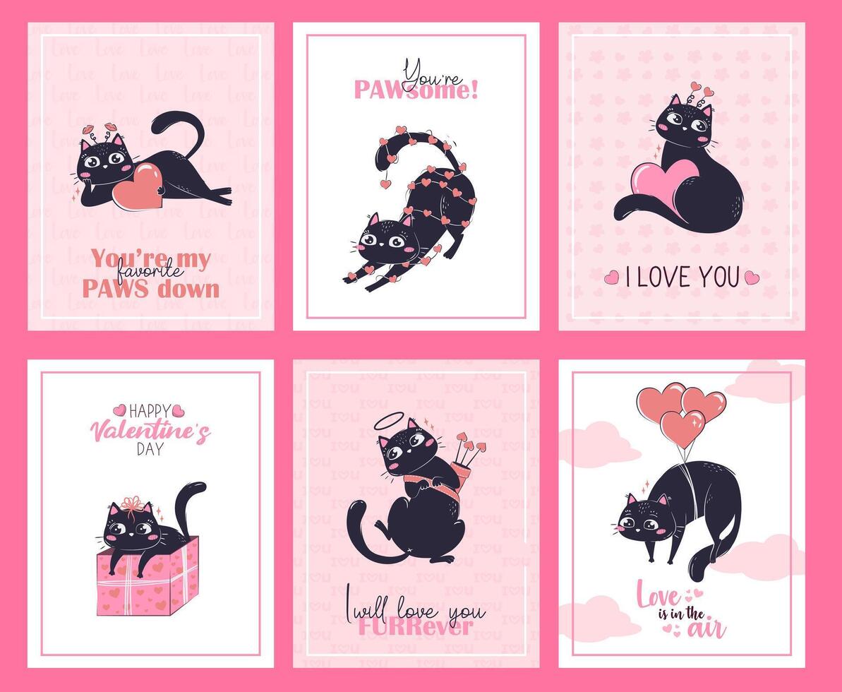 conjunto do imprimível dia dos namorados dia cartão modelos com kawaii Preto gato dentro diferente poses com amor mensagens e trocadilho legendas. vetor